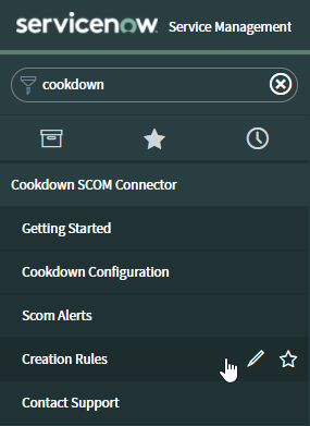 Filtering by 'Cookdown' in the ServiceNow portal and then selecting the 'Creation Rules' module